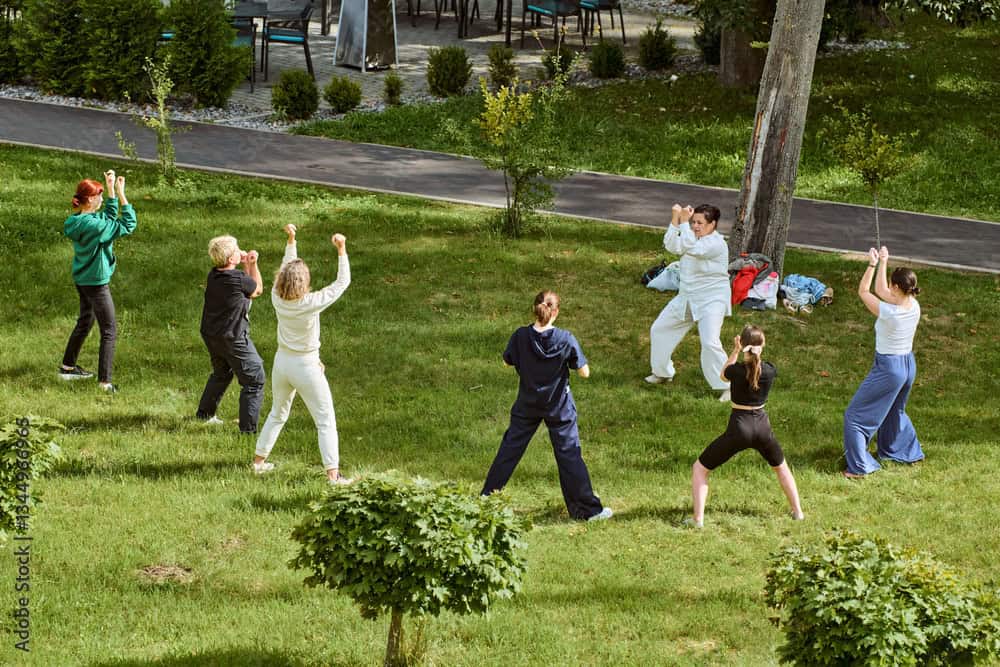 Lezione di Tai-Chi in gruppo all'aperto